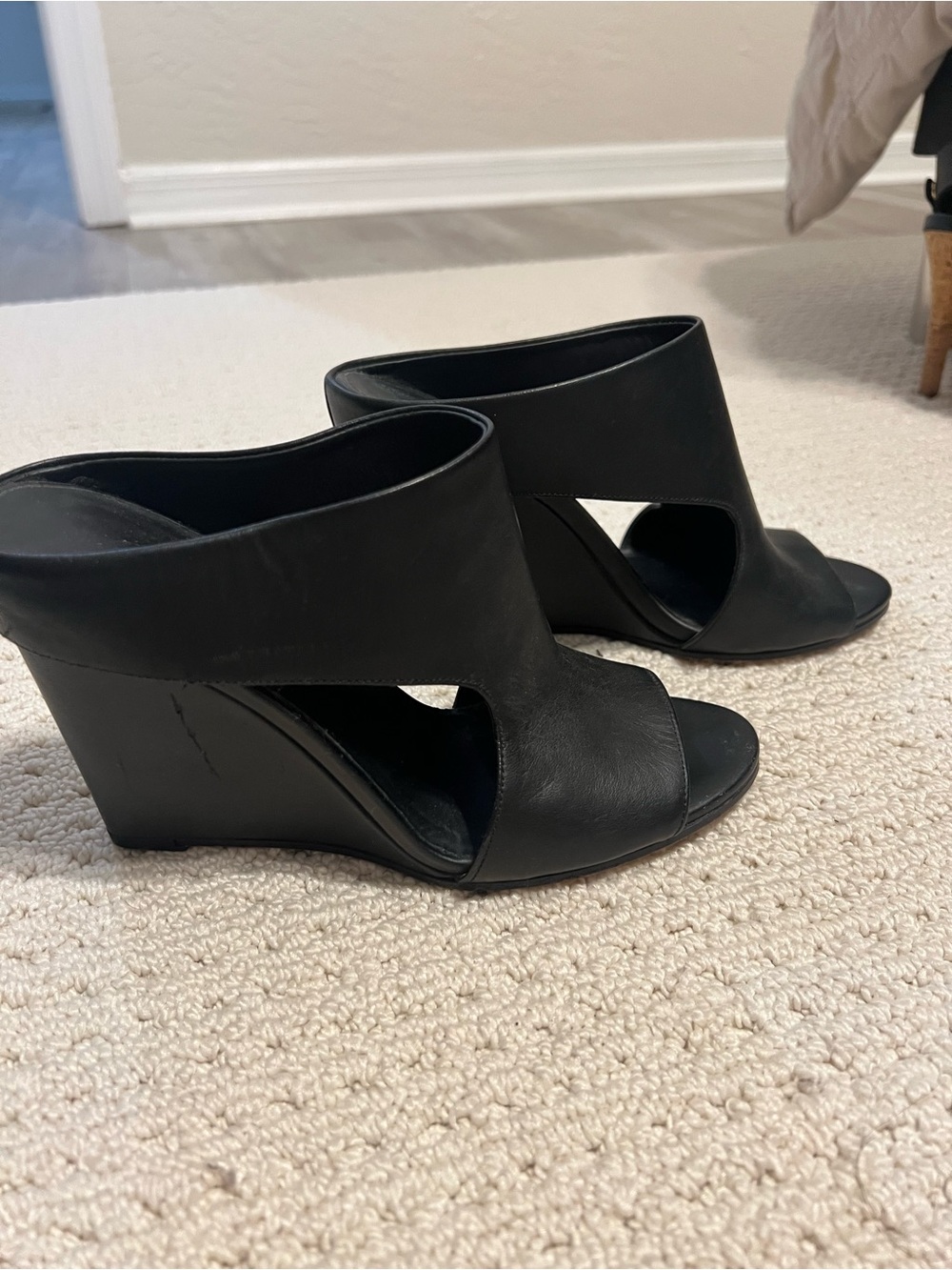 Vince Black Leather Cutout Wedge Sandals